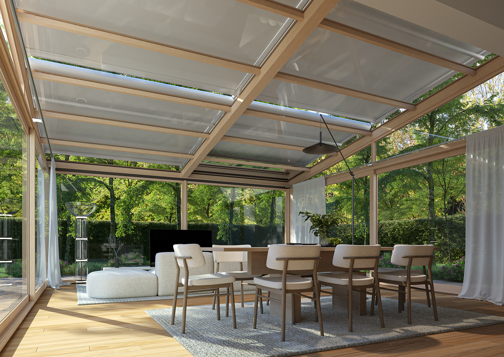 Awning lipat Giotto dipasang di atas veranda bumbung kaca