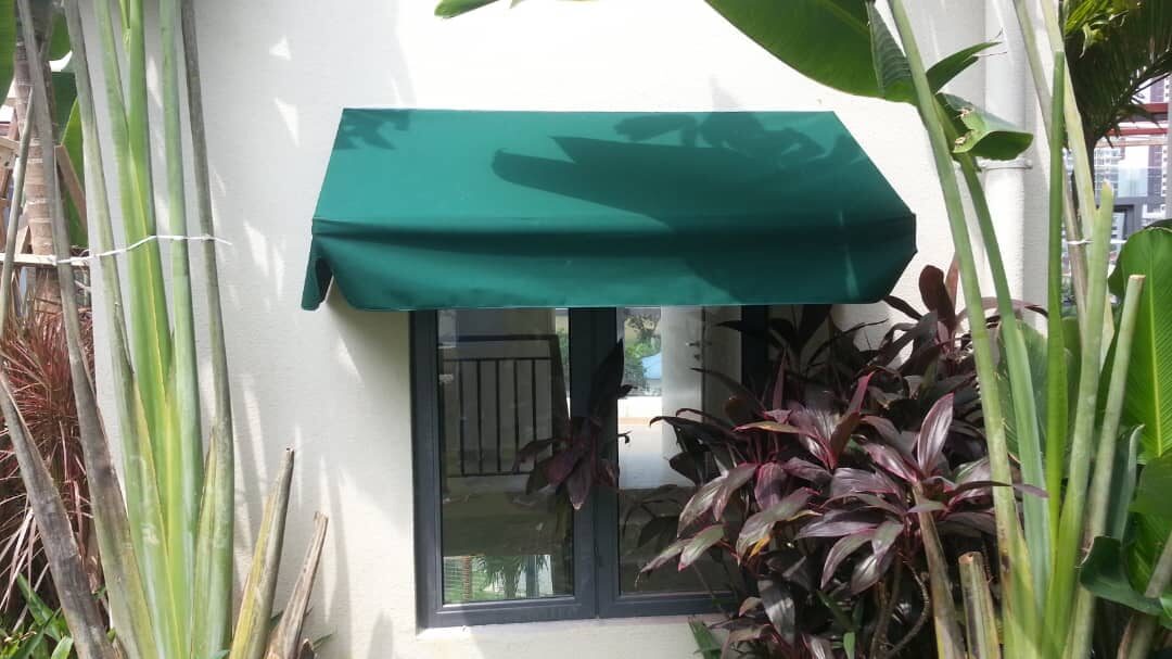 Green barrel fixed canopy over a window framed by tropical planting