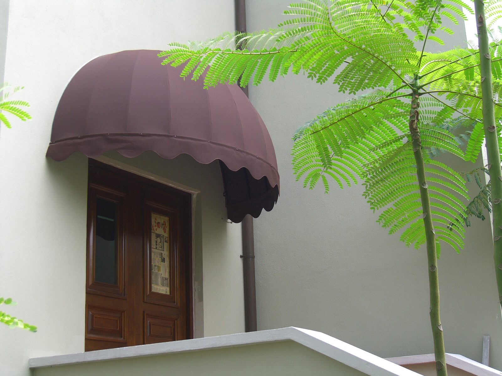 Aubergine domed fixed canopy over a timber door entrance